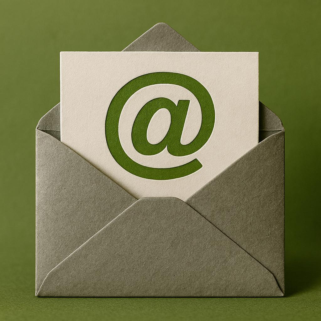 Ett grått kuvert med ett vitt brev med ett @ tecken