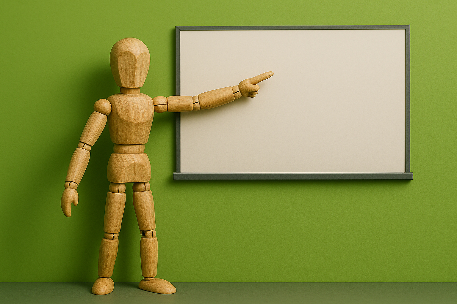 en trä-modelldocka pekar på en whiteboard 